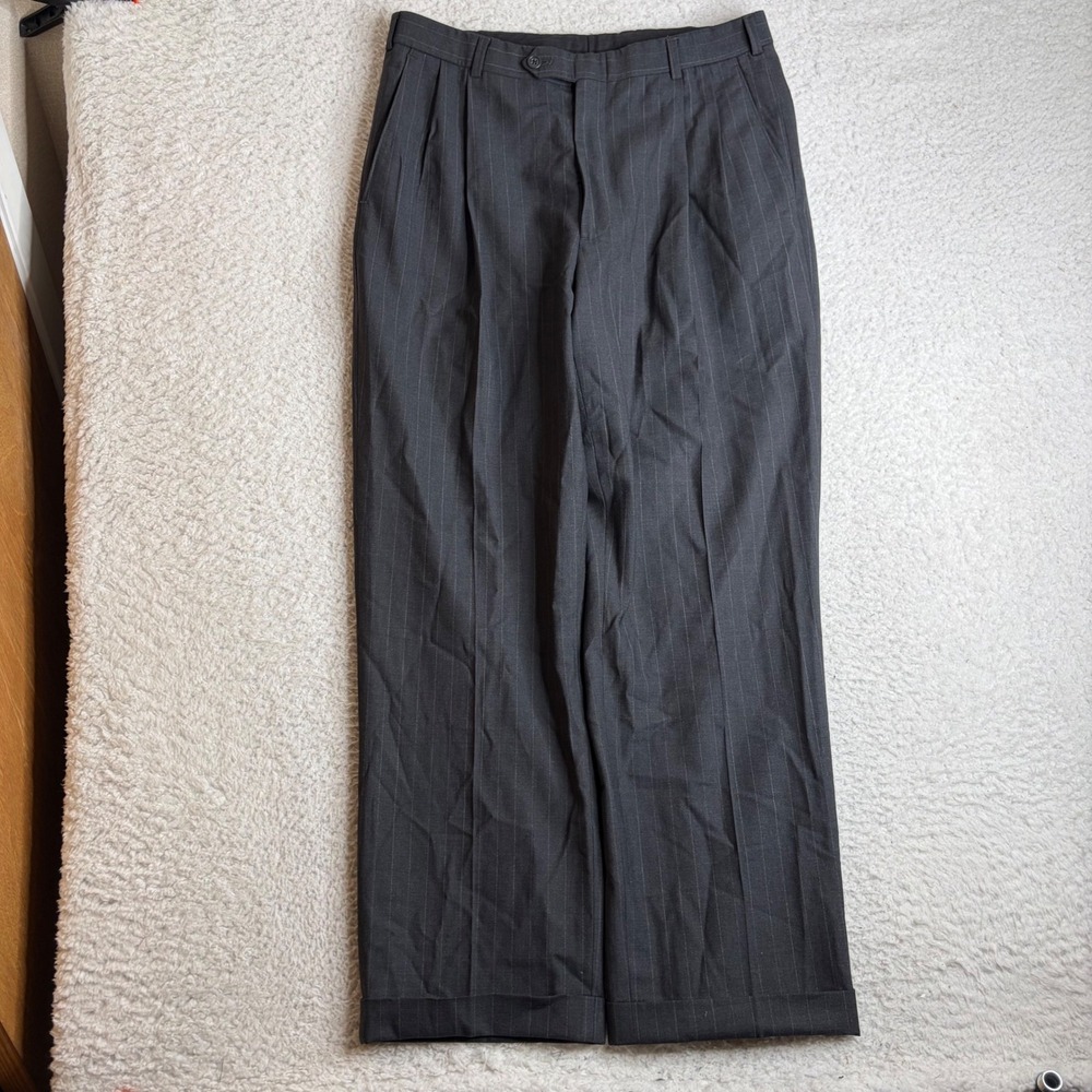 Brooks Brothers 346 Mens Charcoal Grey Pinstripe Pleated Cuffed Wool Pants 34x30